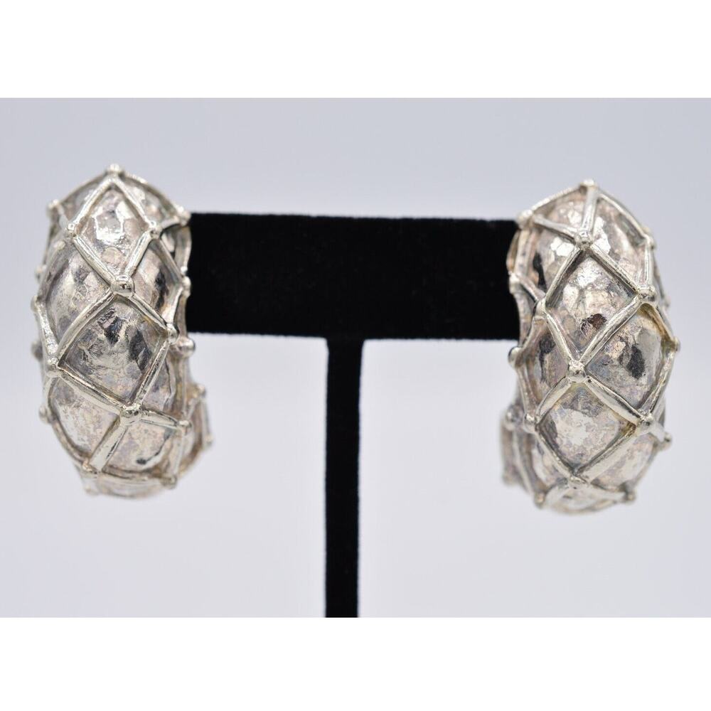 Givenchy Vintage Clip On Earrings Chunky Brushed Silver Hoop Runway 1980s BinH